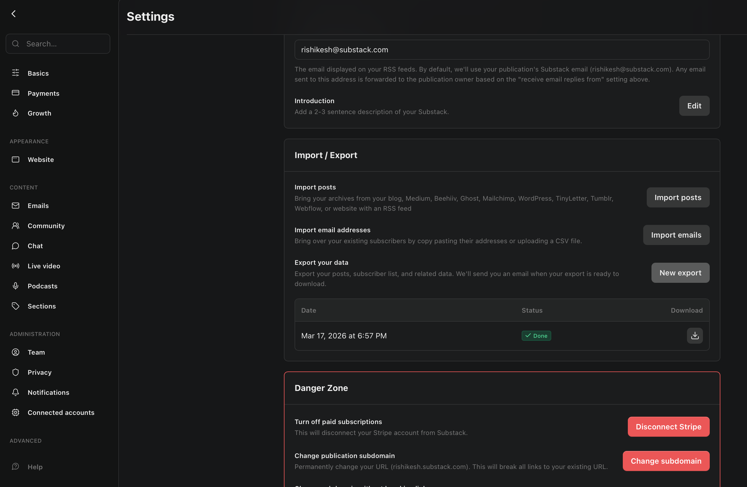 Substack Settings Export data section